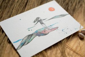 Waterverf reiskaartje surfgirl